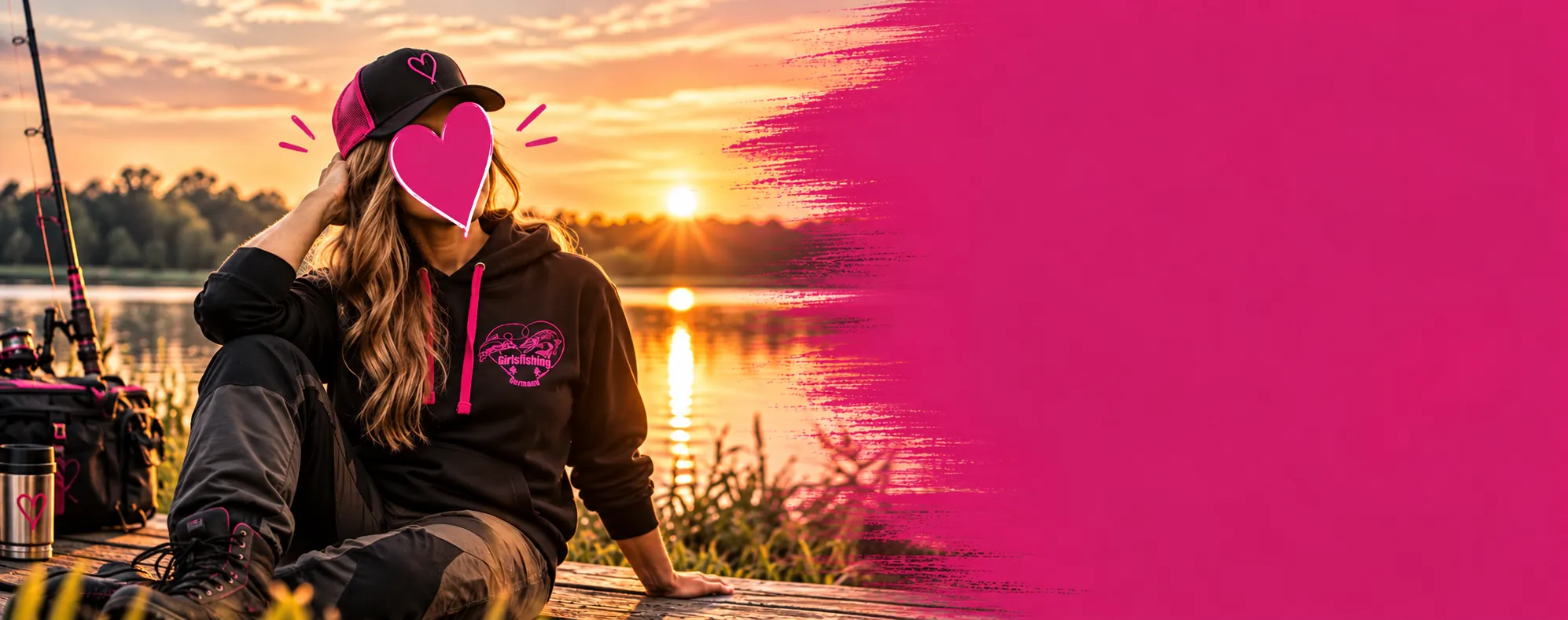 Anglerin im schwarzen Girlsfishing Germany® Hoodie sitzt bei Sonnenuntergang am See, ihr Gesicht ist von einem pinken Herz verdeckt