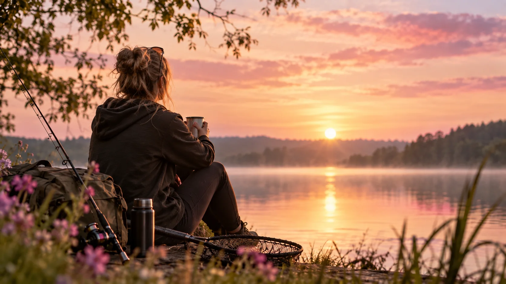 Anglerin sitzt mit Kaffeebecher, Rute und Kescher bei Sonnenaufgang am nebligen See